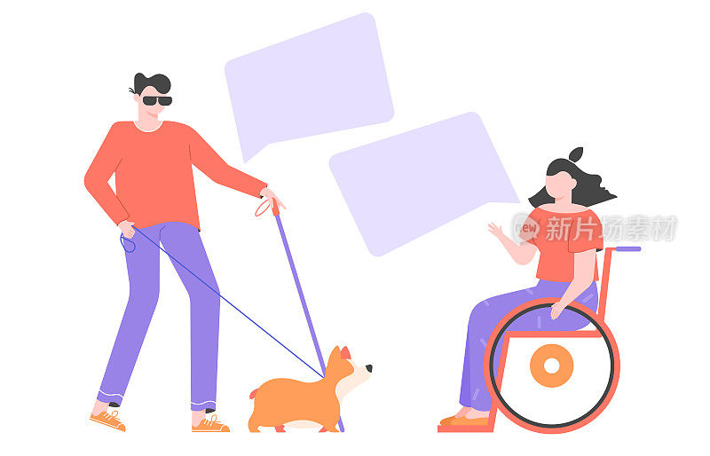 Communication of people with disabilities. A blind man with a guide dog and a cute brunette woman in a wheelchair. Dialogue bubbles. Vector flat illustration.